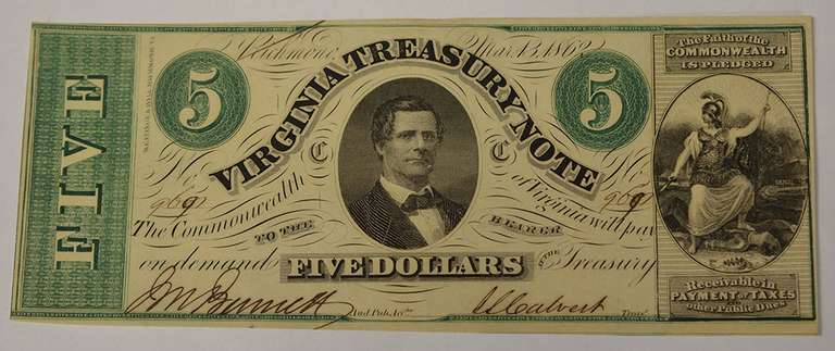 May 13th 1862 $5 Virginia Treasury Note, Circulated.