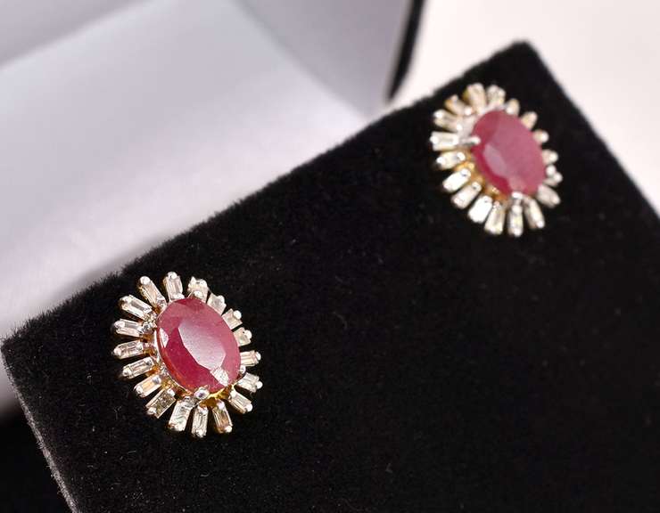 Ravishing 2.50CTW Ruby & 0.45CTW Diamond Earrings in Gold Plated Sterling Silver