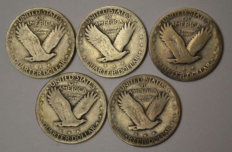 Lot Of 5 Different Full Date Standing Liberty Quarters, Circulated.
