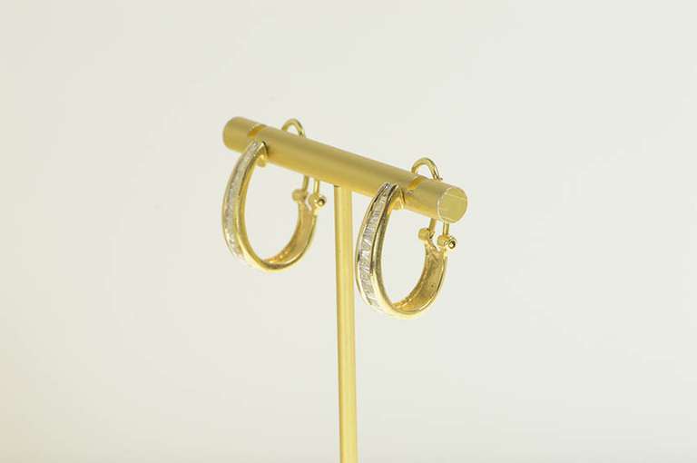 14K Yellow Gold 1.28 Ctw Baguette Diamond Hoop French Clip Earrings