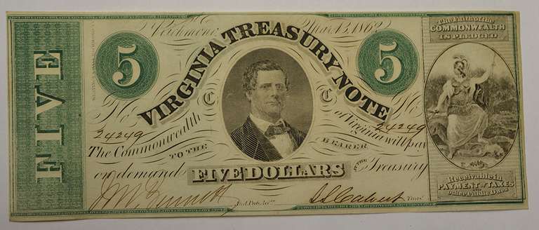 May 13th 1862 $5 Virginia Treasury Note, Circulated.