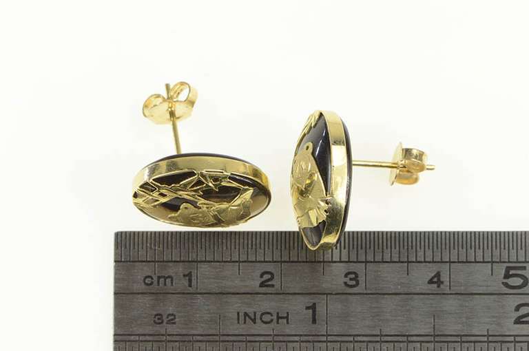 14K Yellow Gold Oval Smoky Quartz Panda Bamboo Motif Earrings