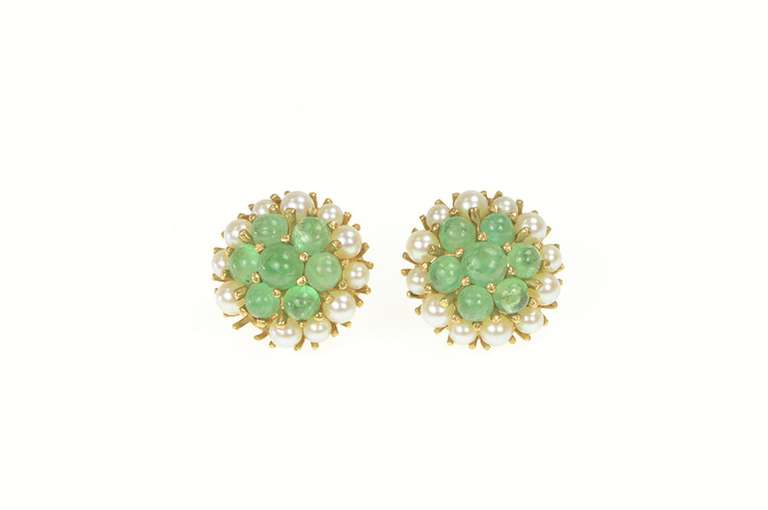 14K Yellow Gold Victorian Emerald Seed Pearl Cluster Stud Earrings