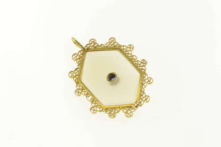 14K Yellow Gold Camphor Glass Filigree Trim Sapphire Pendant