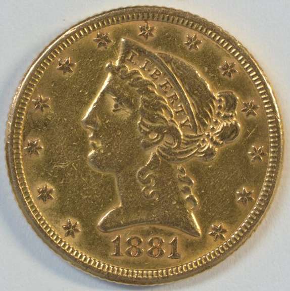 Upper end 1881 US $5 Liberty Gold Piece. Full strike