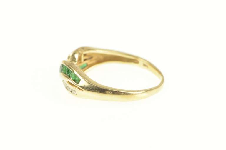 14K Yellow Gold Emerald Diamond Wavy Criss Cross X Band Ring