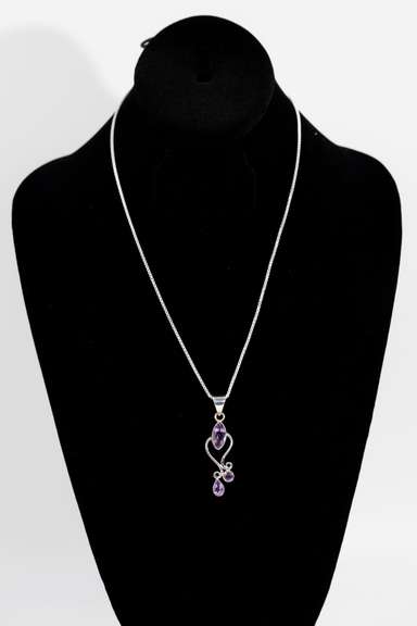 .925 Sterling Silver Pendant w/ Amethyst Gem Stones 53mm x 15mm