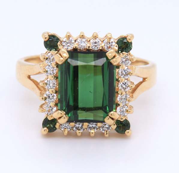 Attractive 18kt Emerald Cut Green Tourmaline with Round Green Tourmaline and Diamond Ring