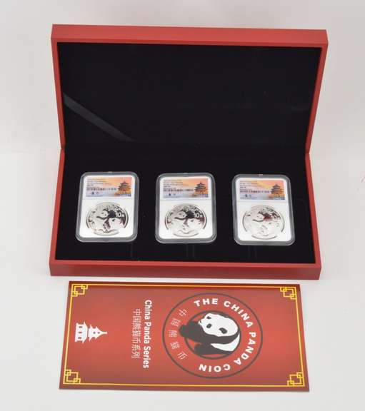 (3) MS70 2021(G), (S), (Y) China 10 Yuan 30g Silver Panda Signed NGC