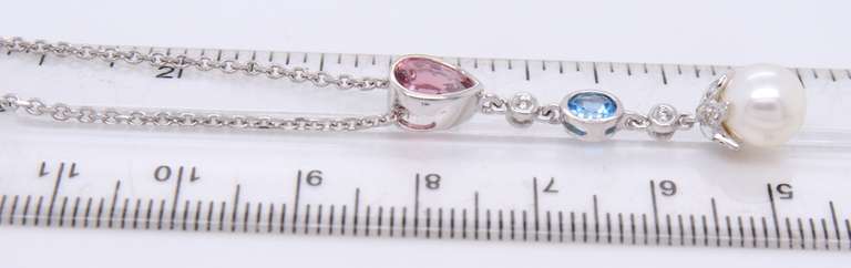 Attractive White Gold Topaz, Pearl and Diamond Dangle Pendant on Chain