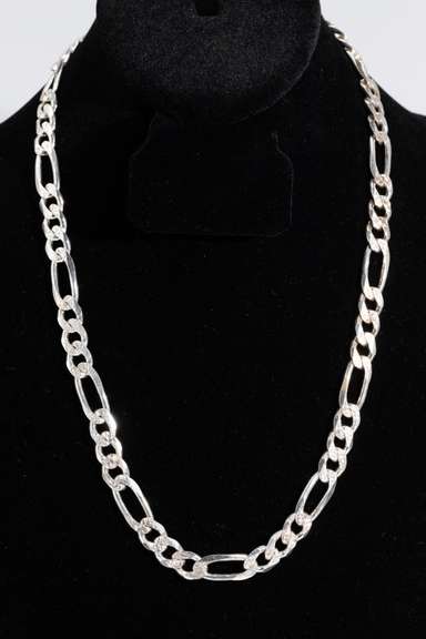 Italian .925 Sterling Silver 9mm 3+1 Figaro Pave Link Chain 22 Inches