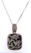 Set of 925 Sterling Silver Marcasite and Black Onyx Pendant on Chain With Dangle Earrings