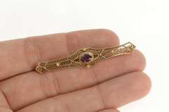 14K Yellow Gold Victorian Amethyst Ornate Filigree Bar Pin/Brooch