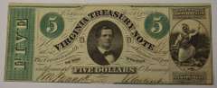 May 13th 1862 $5 Virginia Treasury Note, Circulated.