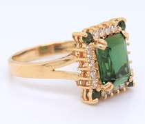 Attractive 18kt Emerald Cut Green Tourmaline with Round Green Tourmaline and Diamond Ring