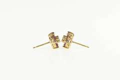 14K Yellow Gold Diamond Ruby Flower Halo Cluster Stud Earrings