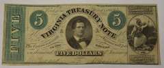 May 13th 1862 $5 Virginia Treasury Note, Circulated.