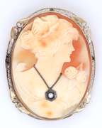 Antique Yellow Gold Shell Cameo with Diamond Pendant Brooch