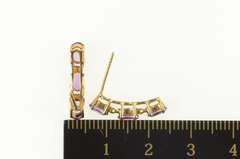 14K Yellow Gold Three Stone Oval Amethyst Curved Bar Earrings