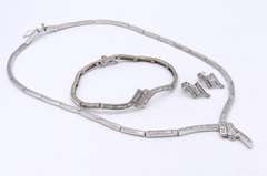 Spectacular 18kt White Gold Baguette and Round Brilliant Cut Diamond Necklace, Bracelet and Earrings Set