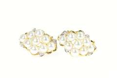 14K Yellow Gold Ornate Designer Pearl Diamond Cluster Clip Earrings
