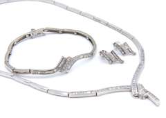 Spectacular 18kt White Gold Baguette and Round Brilliant Cut Diamond Necklace, Bracelet and Earrings Set