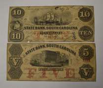 State Of South Carolina Currency Set $5 And $10 Obsolete Notes, Circulated.