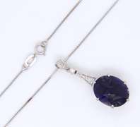 Vintage White Gold Inspired Iolite and Diamond Pendant on Chain