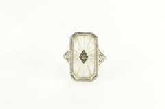14K White Gold Art Deco Camphor Glass Filigree Diamond Ring