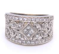 Dramatic White Gold Mixed Cut Diamond Migraine Floral Wide Diamond Band