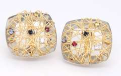 Wonderful Yellow Gold open Owen Square Multi Stone Earrings