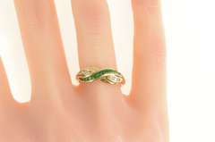 14K Yellow Gold Emerald Diamond Wavy Criss Cross X Band Ring