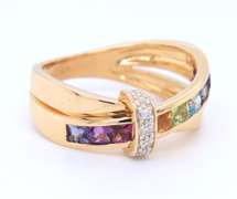 Fantastic 18kt Yellow Gold Guy Laroche Multi Gemstone and Diamond Bypass Ring