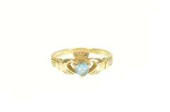 14K Yellow Gold Blue Topaz Heart Claddagh Traditional Celtic Ring
