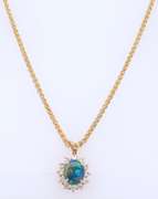 Pleasing Yellow Gold Oval Opal and Diamond Pendant on Wheat Chain
