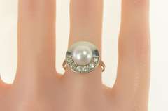 14K White Gold 1950's Pearl Diamond Semi Halo Engagement Ring
