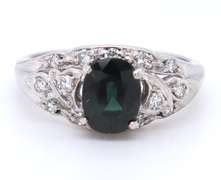 Vintage White Gold oval Green Sapphire and Single Cut Diamond Ring