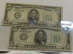 2 Notes: $5. Fed Res Notes 1934 & 1934-A