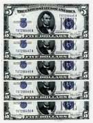 5 1934-D Consecutive Serial Numbered $5 Blue Seal Silver Certificates