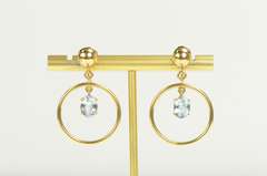 14K Yellow Gold 1950's Blue Topaz Circle Dangle Screw Back Earrings