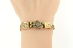 14K Yellow Gold Victorian Ornate Turquoise Pearl Slide Charm Bracelet