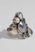 .925 Sterling Silver Ring w/ Mabe Pearl, Blue Topaz, Rainbow Moonstone, South Sea Pearl Natural Gem Stones Size 8