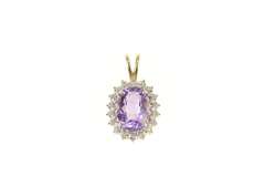14K Yellow Gold Oval Amethyst Diamond Halo Statement Pendant