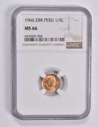 MS66 1966 ZBR Peru 1/5 Lima Gold Coin NGC