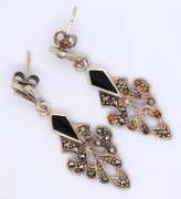 Set of 925 Sterling Silver Marcasite and Black Onyx Pendant on Chain With Dangle Earrings