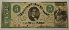 May 13th 1862 $5 Virginia Treasury Note, Circulated.