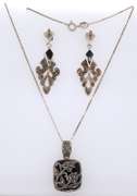 Set of 925 Sterling Silver Marcasite and Black Onyx Pendant on Chain With Dangle Earrings