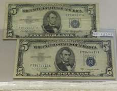 2 Notes: $5. 1953 & 1953-B Silver Certs almost Unc