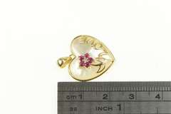 10K Yellow Gold Mother of Pearl Heart Love Ruby Diamond Flower Pendant