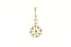 14K Yellow Gold Victorian Ornate Leaf Motif Garnet Seed Pearl Pendant